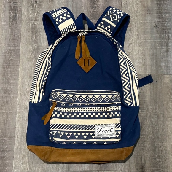 Blue Geometric Patterned 2-Pocket Backpack with Suede Bottom - Picture 1 of 5